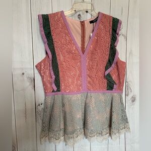 Sugar Lips Colorblock Lace Peplum Top Blush Green Purple Sleeveless Size XL